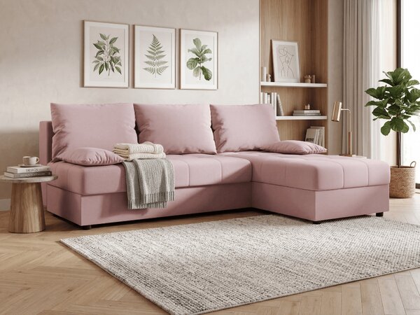 Rozkladacia obojstranná sedacia súprava do L VENORIA SLIM 200x143 cm, púdrovo ružová + 2 vankúšiky ZDARMA