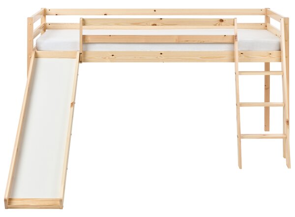 Detská vyvýšená posteľ svetlohnedá borovicové drevo 90 x 200 cm s roštom rebríkom a šmykľavkou lôžko pre deti