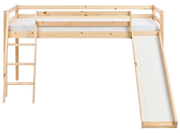 Detská vyvýšená posteľ svetlohnedá borovicové drevo 90 x 200 cm s roštom rebríkom a šmykľavkou lôžko pre deti