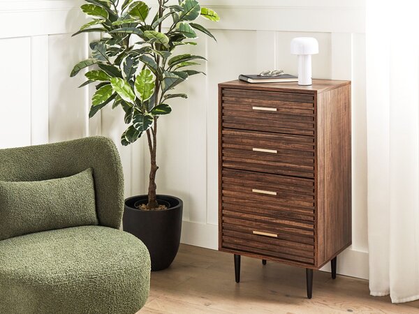 Komoda tmavé drevo MDF 4 zásuvky úložný priestor železné nohy moderný štýl spálňa