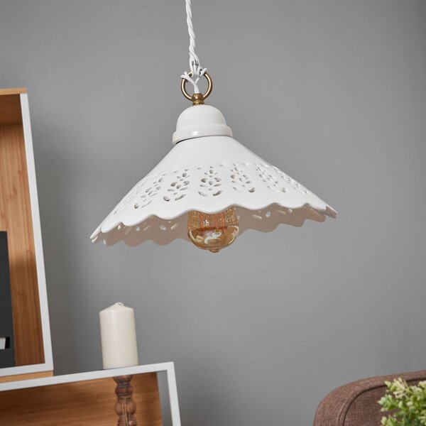 Závesná lampa Pizzo, 1-pl, 30 cm, Biela / opálová, Obývacia izba / jedáleň, Keramický, Vidiecky / Rustikálny, Závesné svietidlo