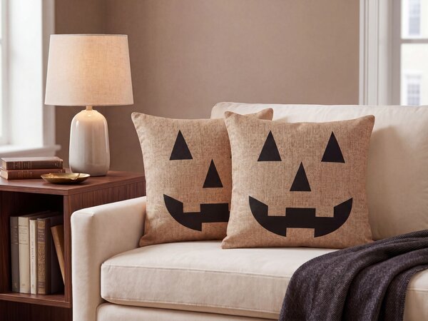 Dekoratívny vankúš béžový zamat 45 x 45 cm abstraktný halloweensky vzor motív tekvice štvorcový tvar moderný štýl doplnky
