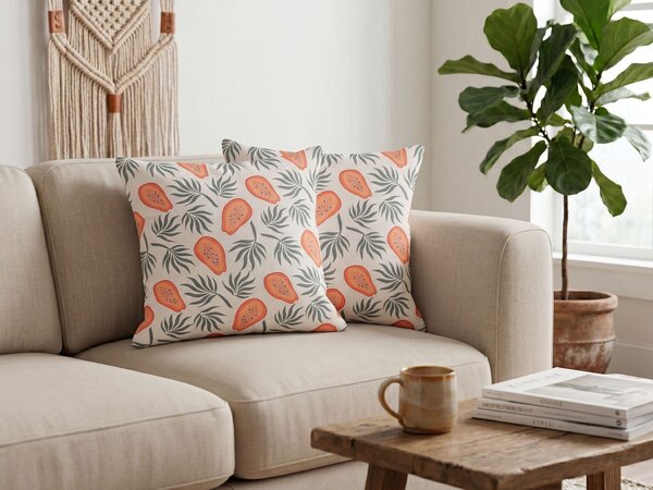 Sada 2 dekoratívnych vankúšov oranžová a zelená polyester 45 x 45 cm vzor papáje štvorcový letný motív dekoračný doplnok