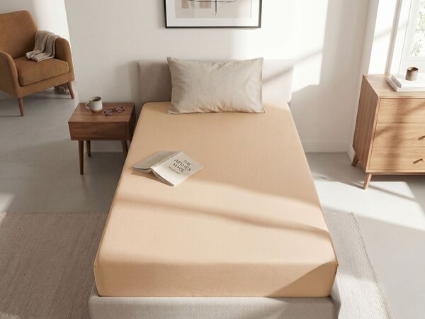 Napínacie prestieradlo piesková béžová bavlnené 90 x 200 cm elastické okraje klasická posteľná plachta textílie do spálne