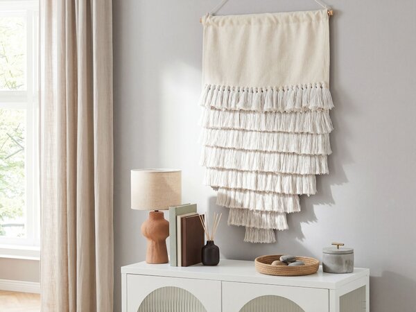 Závesná nástenná dekorácia krémová biela bavlnená ručne tkaná so strapcami boho štýl obývacia izba spálňa
