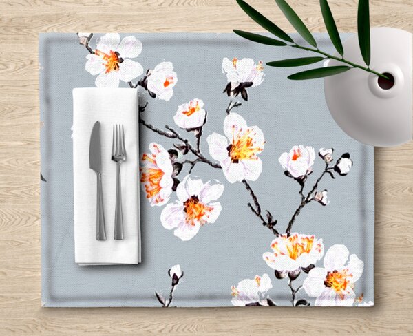 Ervi bavlnené prestieranie na stôl - kvet jablone na šedom