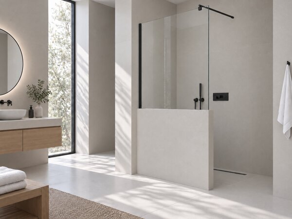 CERANO - Sprchová zástena Walk-in Onyx Half Round Ľ/P - 8 mm - guľatá vzpera - čierna matná, transparentné sklo - 80x100 cm