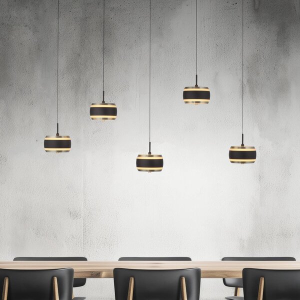 PURE LED závesné svietidlo Falling Rings čierna dĺžka 101 cm 5-pl., Čierna, Obývacia izba / jedáleň, kov, Moderný, Závesné svietidlo