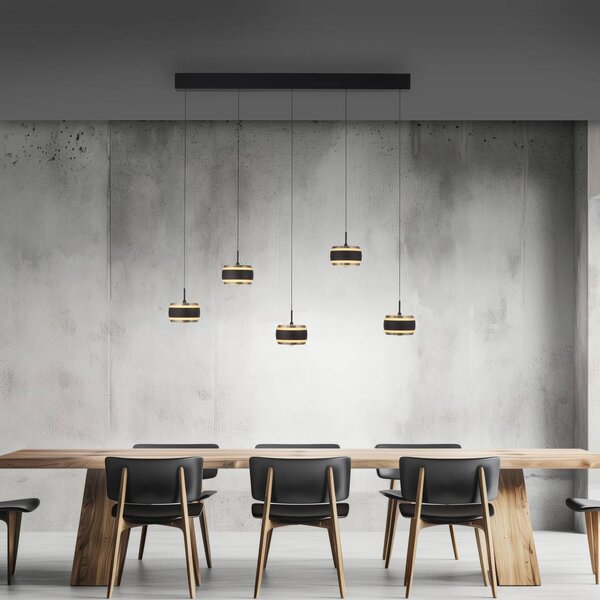 PURE LED závesné svietidlo Falling Rings čierna dĺžka 101 cm 5-pl., Čierna, Obývacia izba / jedáleň, kov, Moderný, Závesné svietidlo