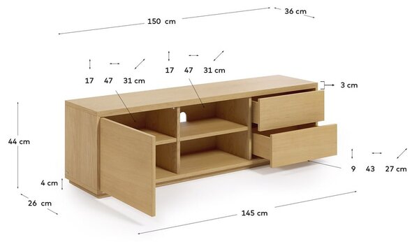 TV stolík v dekore duba v prírodnej farbe 150x44 cm Abilen - Kave Home