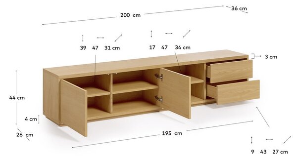 TV stolík v dekore duba v prírodnej farbe 200x44 cm Abilen - Kave Home