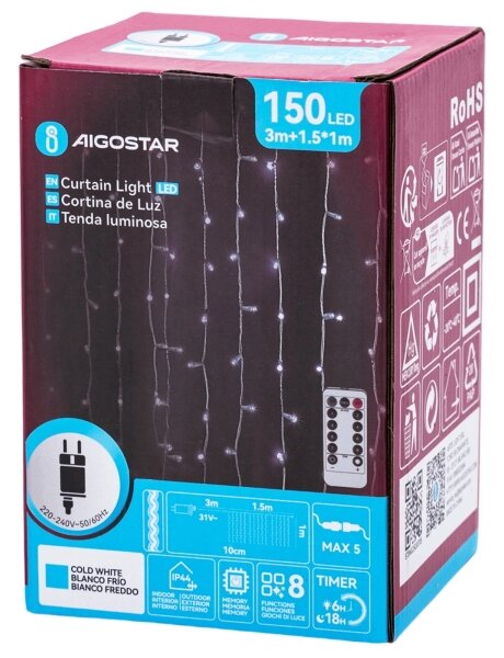 Aigostar - LED vonkajší vianočný reťazec 150xLED/6W/230V/8 funkcií 1,5x1m IP44 studená biela + diaľkové ovládanie