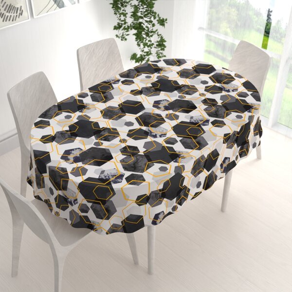 Biante Bavlnený oválny obrus Sandra SA-568 Sivo-modrofialové mramorové hexagóny na bielom 50x100 cm