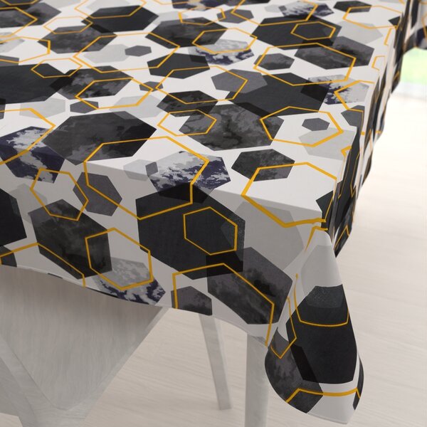 Biante Bavlnený obdĺžnikový obrus Sandra SA-568 Sivo-modrofialové mramorové hexagóny na bielom 50x100 cm