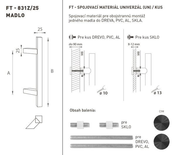 MPkovania FT - MADLO kód K31Z 25x25 mm UN ks Rozteč madla: 210 mm, Rozmer profilu madla: 25x25 mm, Dĺžka: 400 mm