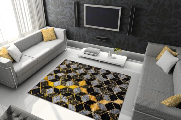Dywany Łuszczów , Kusový koberec Gloss 400B 86 3D geometric black/gold, 140x190, čierna, kancelária