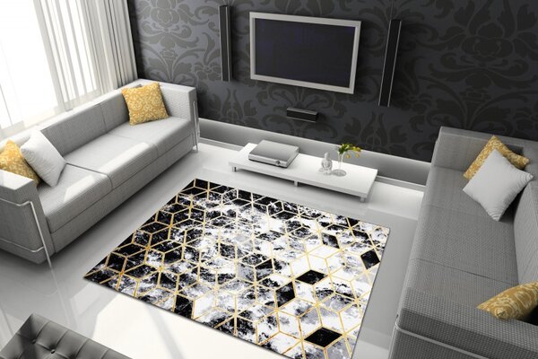 Dywany Łuszczów , Kusový koberec Gloss 409A 82 3D cubes black/gold/grey, 80x150, čiernobiela, kancelária