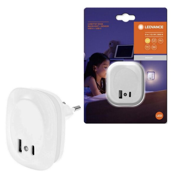 Ledvance- LED Nočné svietidlo do zásuvky so senzorom a USB LUNETTA LED/12,5W/230V