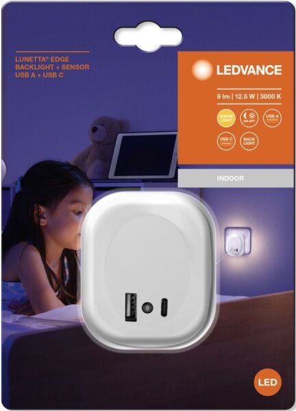 Ledvance- LED Nočné svietidlo do zásuvky so senzorom a USB LUNETTA LED/12,5W/230V