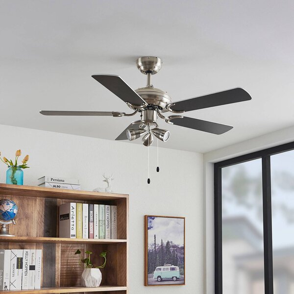 Lindby Stropný ventilátor s osvetlením Anariki, tichý, strieborný, Chrómová / strieborná, Obývacia izba / jedáleň, kov, Vidiecky / Rustikálny