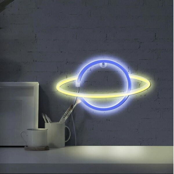 LED Neónová nástenná dekorácia PLANET LED/3W/3xAA USB modrá/žltá