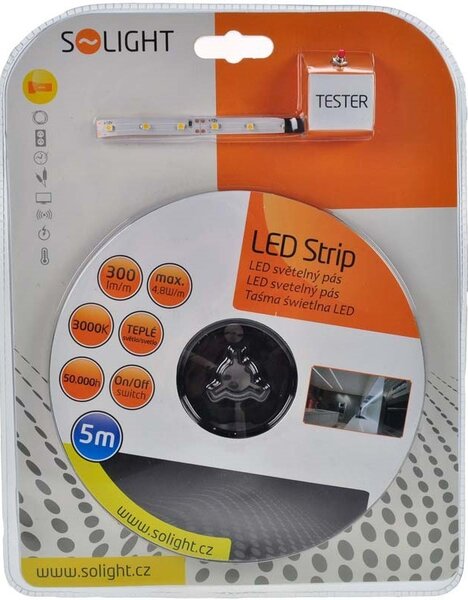 SOLIGHT LED pásik s testrom, 5m, sada 12V adaptérom, 4,8W/m, IP20, 3000K teplá biela