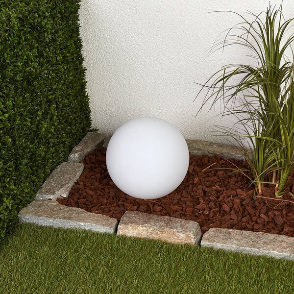 Lindby LED solárna lampa Lago, Ø 25 cm, guľa, zemný hrot, biela, Biela / opálová, Plast, Moderný, Solárne svietidlá