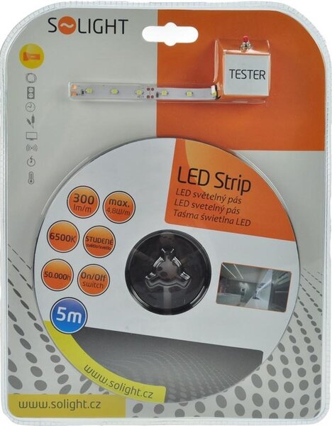 SOLIGHT LED pásik s testerom, 5m, sada s 12V adaptérom, 4.8W/m, IP20, 6500K denná biela