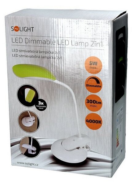 SOLIGHT LED stolný lampička stmievateľná 5W/4000K/300Lm biela s klipom