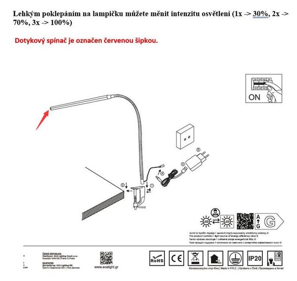 ACA Lighting LED stmievateľná stolná lampička DELGADO 5W/230V/4000K/320Lm/120°/IP20, biela