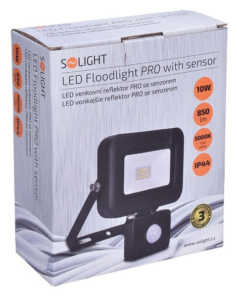 SOLIGHT LED reflektor PRO 10W/230V/850Lm/5000K/120°/IP44, senzor, čierny