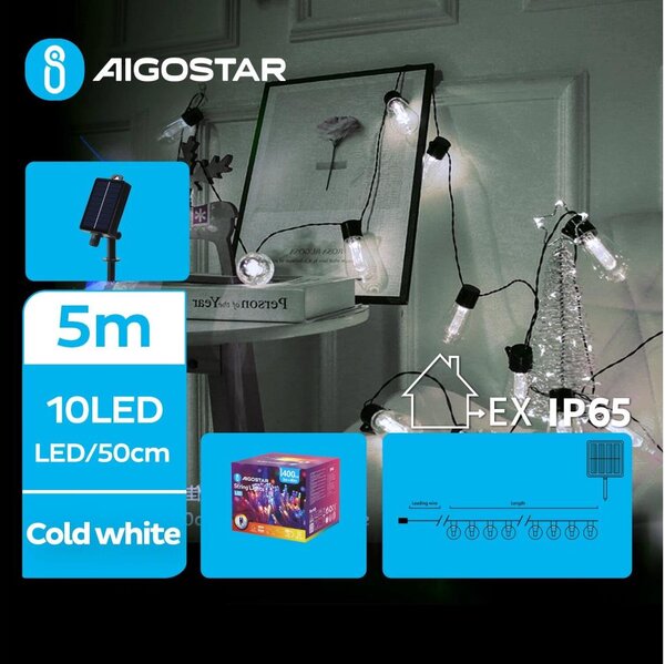Aigostar - solárny LED reťazec 10xLED/8 režimov 6,5 m IP65 studená biela