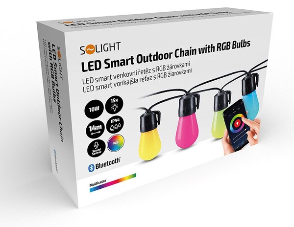SOLIGHT LED smart párty reťaz 10W, RGB, bluetooth, 15 žiaroviek, 14m+6m, IP44