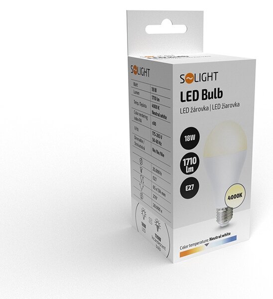 SOLIGHT LED žiarovka klasický tvar A65 18W, E27, 4000K, 270 °, 1710lm