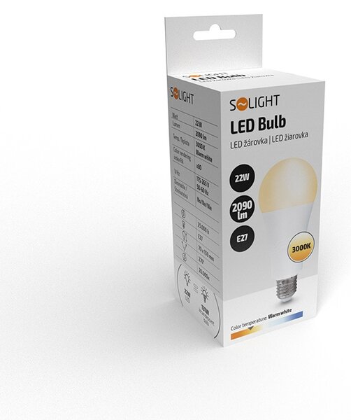 SOLIGHT LED žiarovka klasický tvar A70 22W, E27, 3000K, 270 °, 2090lm