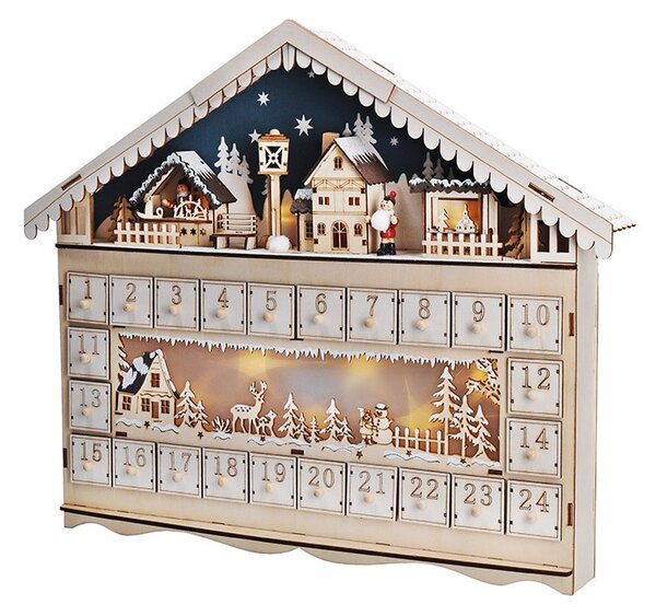 SOLIGHT LED adventný kalendár Horská chata, 10x LED, 50x40cm, 2x AA
