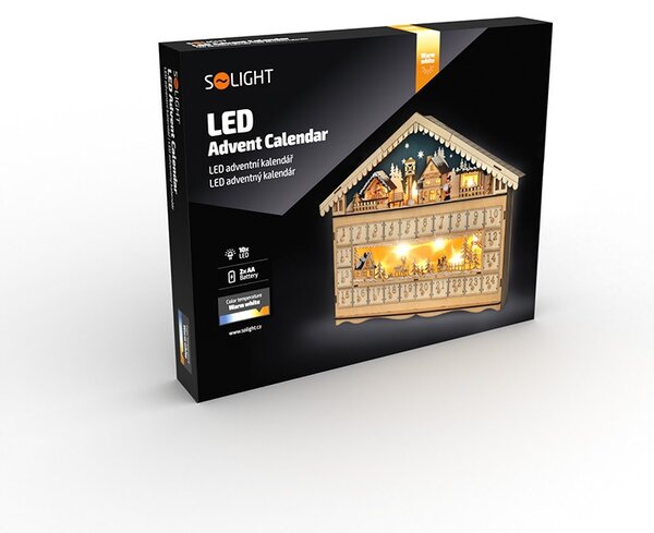 SOLIGHT LED adventný kalendár Horská chata, 10x LED, 50x40cm, 2x AA