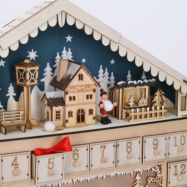 SOLIGHT LED adventný kalendár Horská chata, 10x LED, 50x40cm, 2x AA