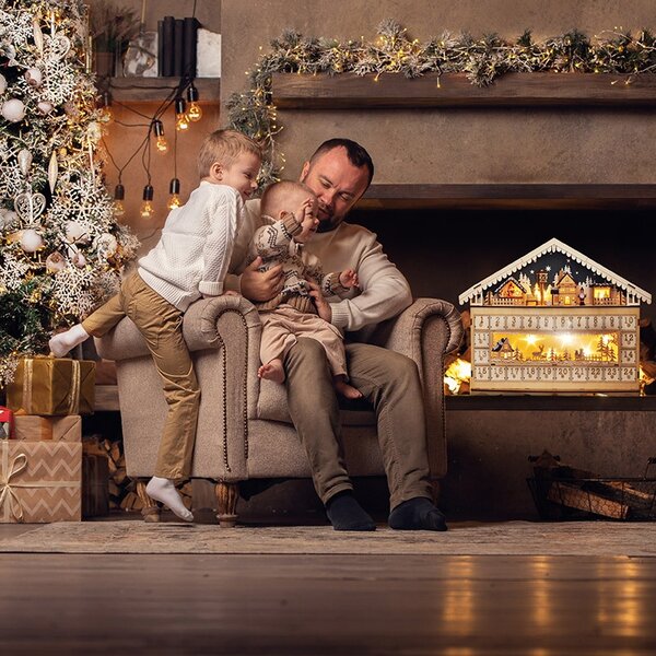 SOLIGHT LED adventný kalendár Horská chata, 10x LED, 50x40cm, 2x AA
