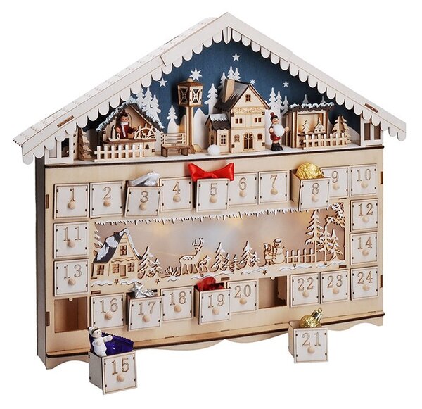 SOLIGHT LED adventný kalendár Horská chata, 10x LED, 50x40cm, 2x AA