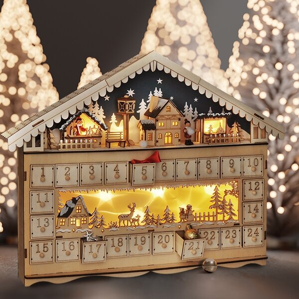 SOLIGHT LED adventný kalendár Horská chata, 10x LED, 50x40cm, 2x AA