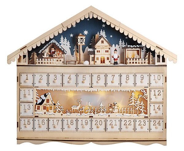 SOLIGHT LED adventný kalendár Horská chata, 10x LED, 50x40cm, 2x AA