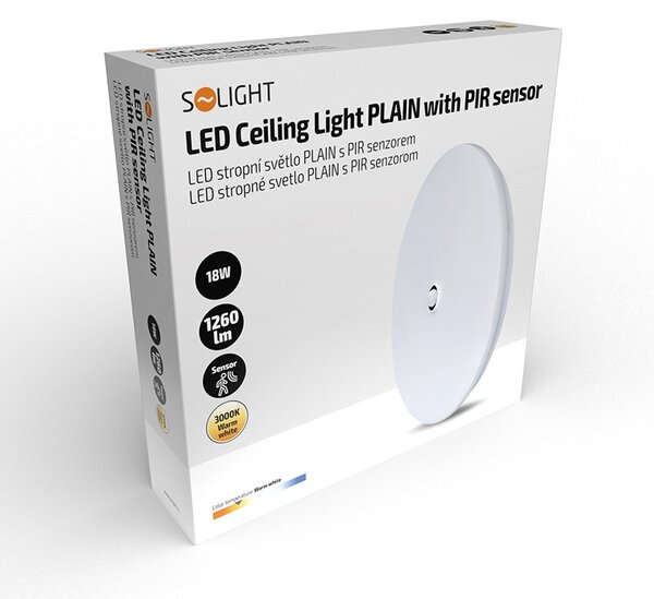 SOLIGHT LED stropné svetlo PLAIN s PIR sensorom, 18W, 1260lm, 3000K, okrúhle, 33cm