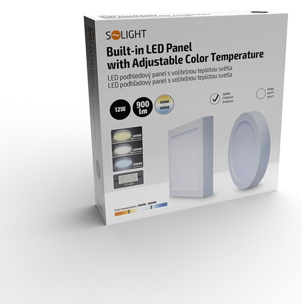 SOLIGHT LED mini panel CCT, prisadený, 12W, 900lm, 3000K, 4000K, 6000K, štvorcový biely