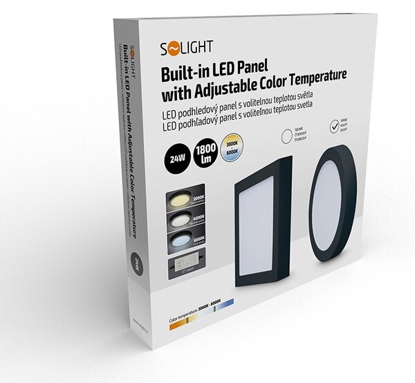 SOLIGHT LED mini panel CCT, prisadený, 24W, 1800lm, 3000K, 4000K, 6000K, okrúhly čierny