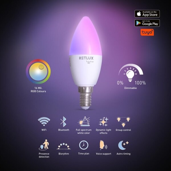 Retlux - LED RGBW Stmievateľná žiarovka C37 E14/4,5W/230V 2700-6500K Wi-Fi Tuya