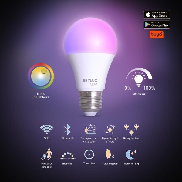 Retlux - LED RGBW Stmievateľná žiarovka A60 E27/9W/230V 2700-6500K Wi-Fi Tuya