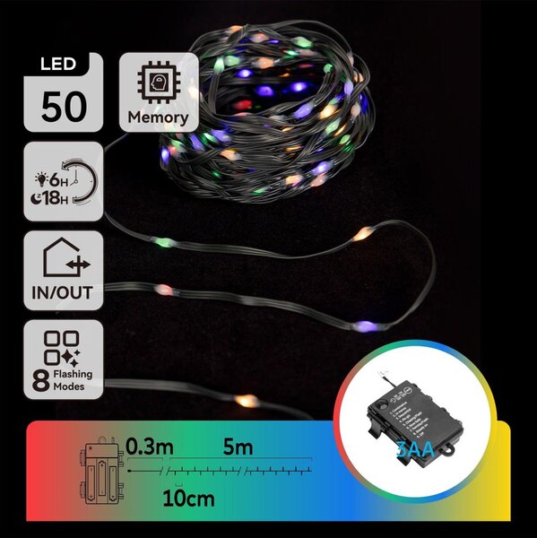Aigostar - LED Vonkajšia reťaz 50xLED/8 funkcií 3xAA 5,3m IP44 viacfarebná