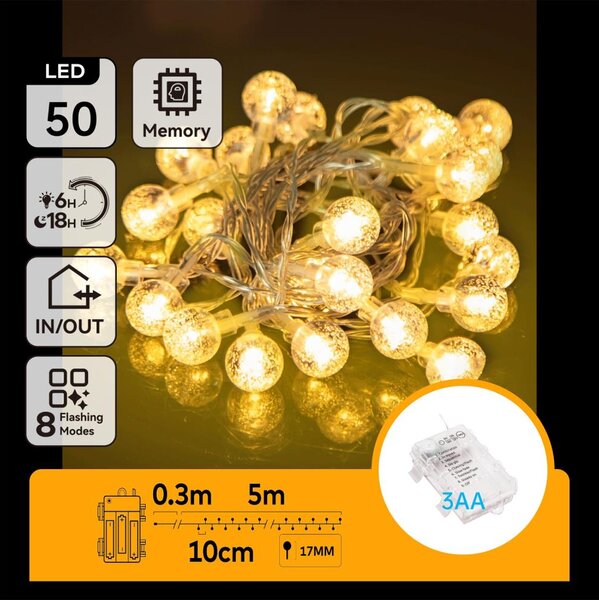 Aigostar - LED vonkajší svetelný reťazec 50xLED/3xAA/8 funkcií, 5,3 m, IP44, teplá biela