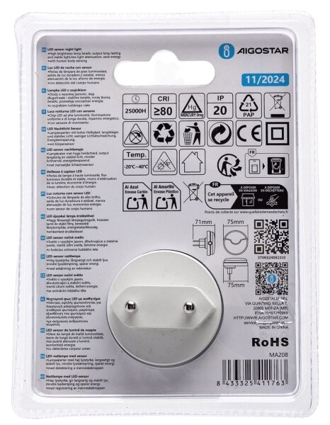 Aigostar - LED Nočné svetlo so senzorom LED/0,5W/230V 3000K